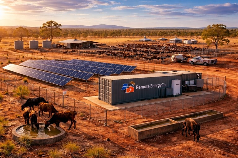 Remote energy solar power system in arid landscape with cattle grazing nearby, featuring solar panels and shipping container generator