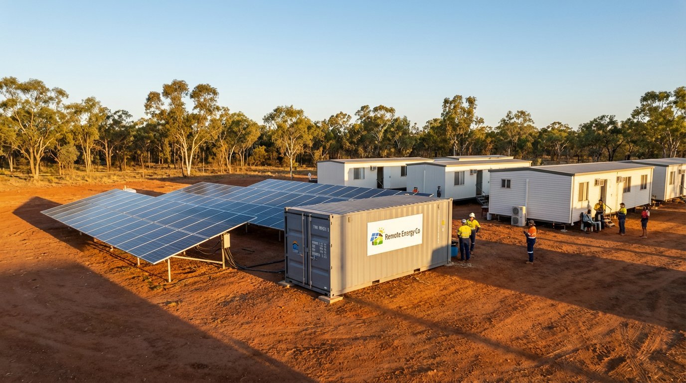 Solar panel array and modular buildings in remote outback setting with red earth and sparse eucalyptus trees