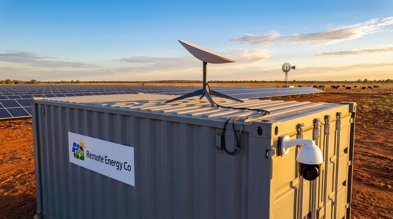 Solar panels and satellite dish mounted on a yellow renewable energy container in an arid landscape at sunset