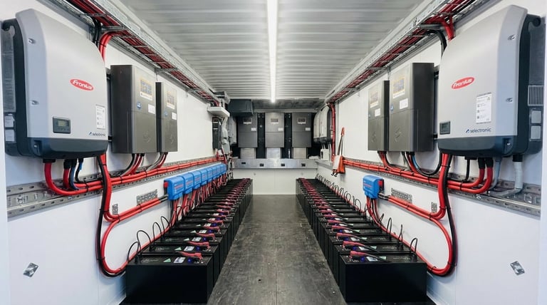 Interior of battery storage system with inverters and battery modules arranged symmetrically on both sides of the corridor