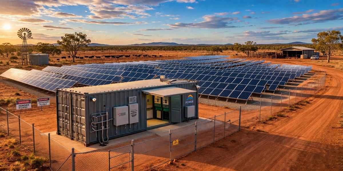Solar farm with rows of blue photovoltaic panels and a black container building in remote desert landscape at sunset