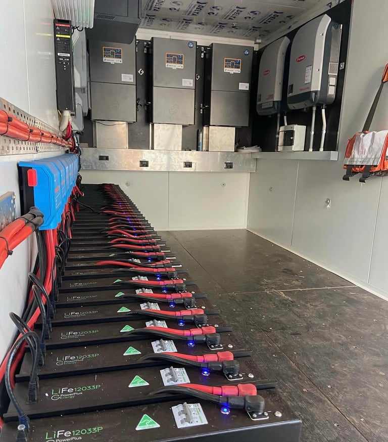 Interior of an electrical cabinet with battery systems and inverters mounted on wall with organized red and black cables running along floor
