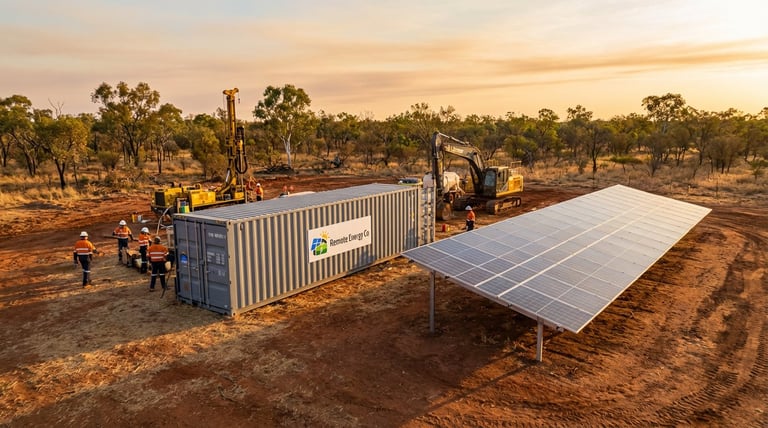 Solar panel array and shipping container in remote outback setting with construction equipment and workers at sunset