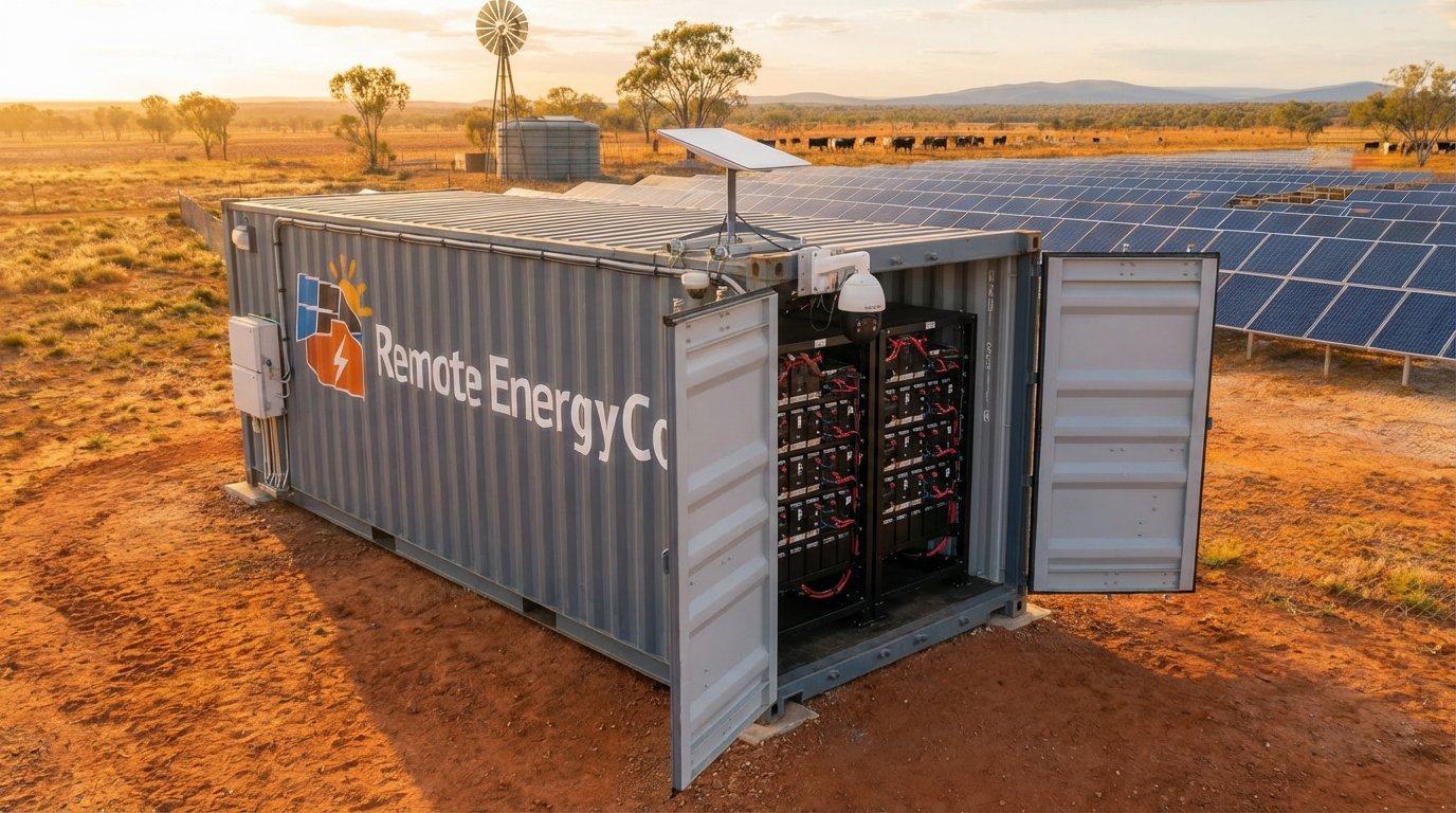 Shipping container battery storage unit in desert landscape with solar panels and wind turbine in background