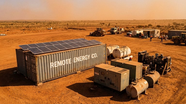 Remote Energy charging station with solar panels on shipping container in desert landscape with equipment and vehicles