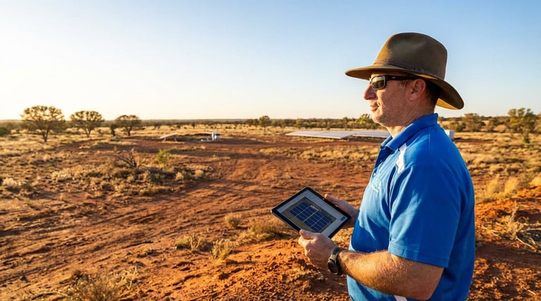 Man in blue shirt and cowboy hat holding tablet in arid landscape under clear sky