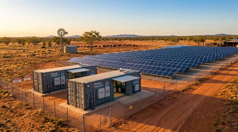Solar panel array with battery storage containers in arid landscape with windmill and mountains in background