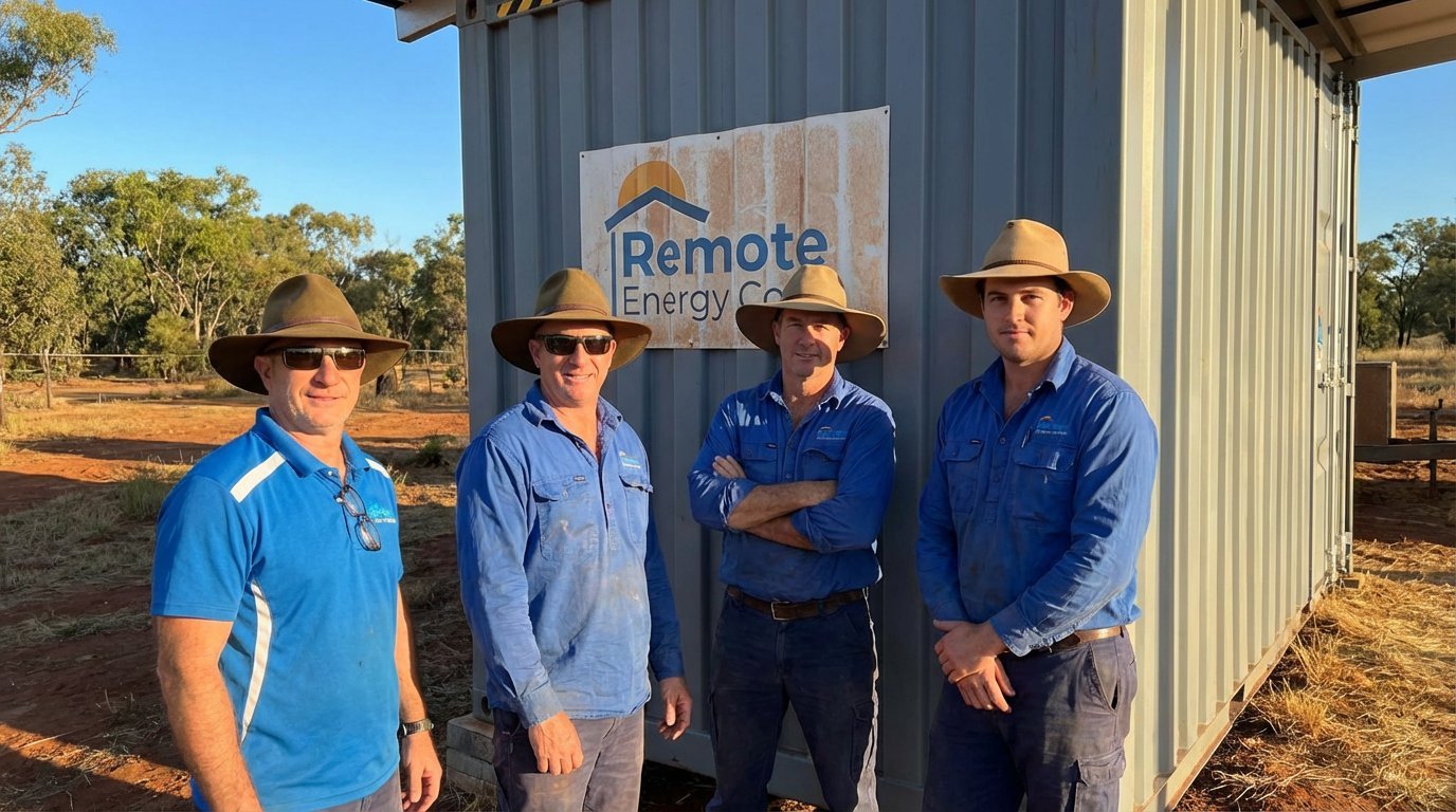 Four men in blue work shirts and hats standing in front of a Remote Energy facility building in an outback setting