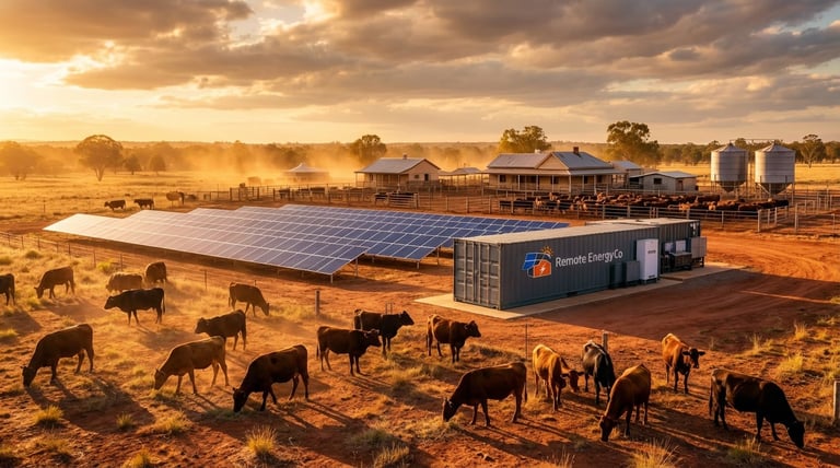 Solar-powered farm with herd of cattle grazing in dusty terrain at sunset