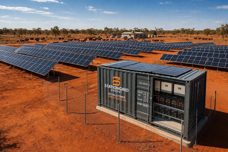 Solar panel array with control unit container on red earth in remote outback location under blue sky