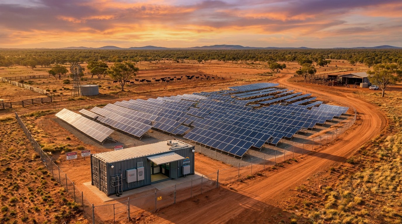 Aerial view of a solar panel farm in arid desert landscape with control building at sunset