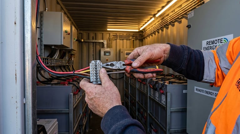 Technician in safety vest working on electrical wiring inside an industrial equipment cabinet