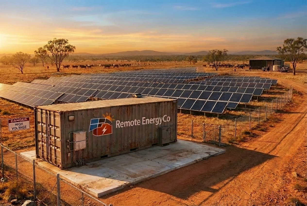 Remote Energy Co solar panel installation in arid landscape with shipping container facility at sunset